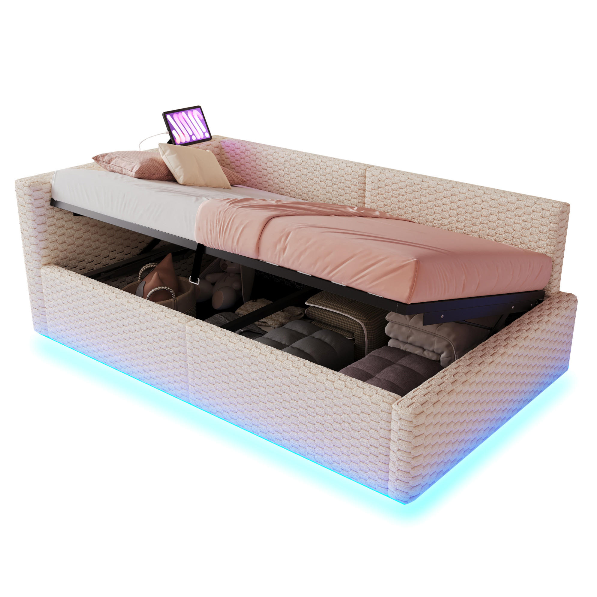 OKWISH POLOHOVACÍ postel 90/200 cm béžová z veluru s LED osvětlením, USB-C a úložným prostorem