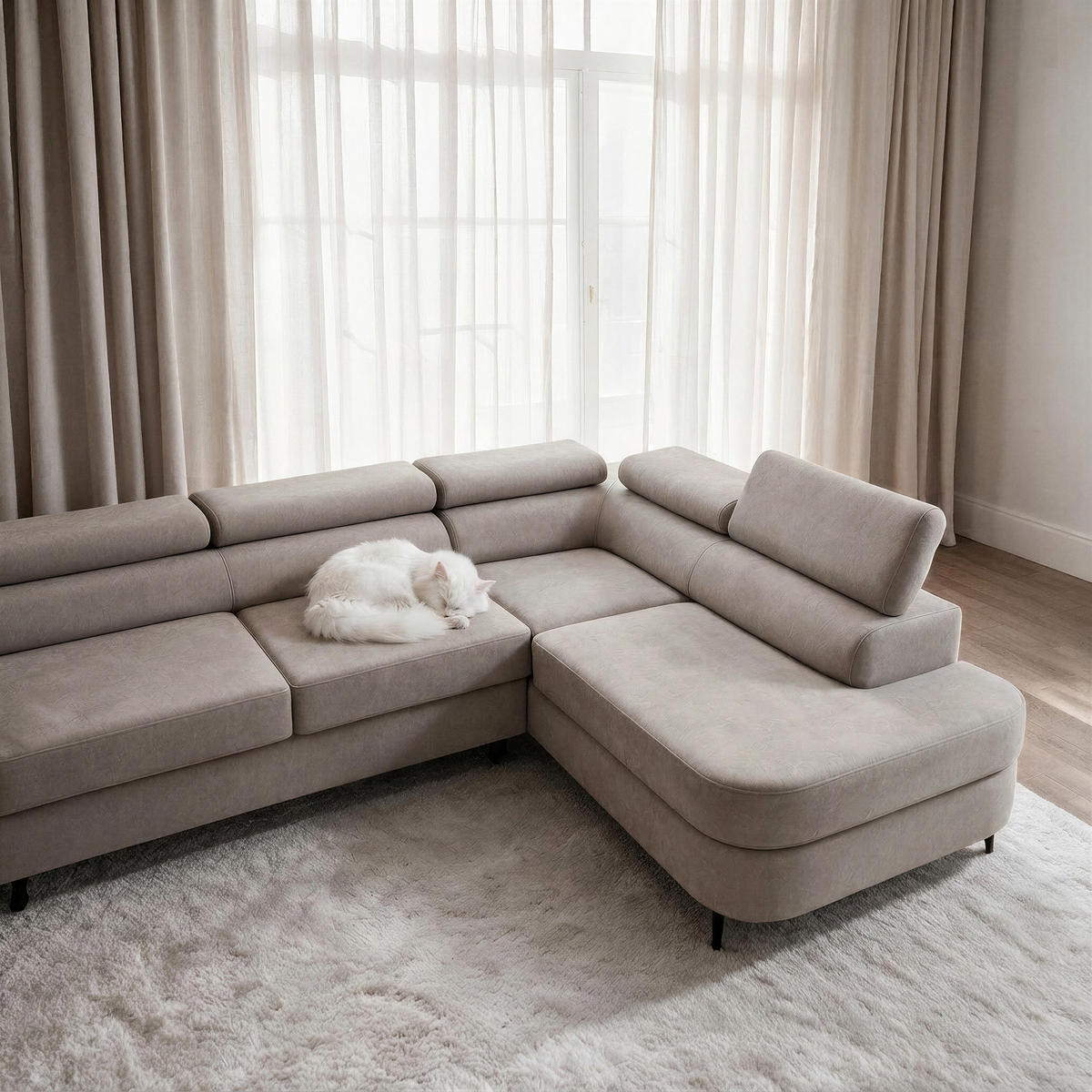 ECKSOFA PRIAM MAXI L-Form Rechts mit Schlaffunktion 125x195 Velours Beige - Beige/Schwarz, Holz/Textil (350/203cm) - Muffo