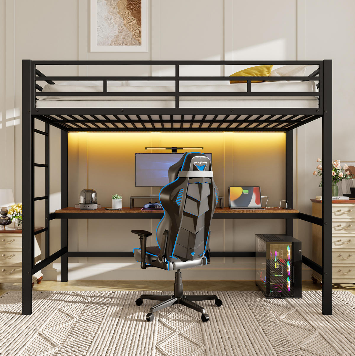 HOCHBETT mit Schreibtisch 90/200 cm in Schwarz – mit Leiter und LED-Lichtleiste - Schwarz, Metall (90/200cm) - BEAOK