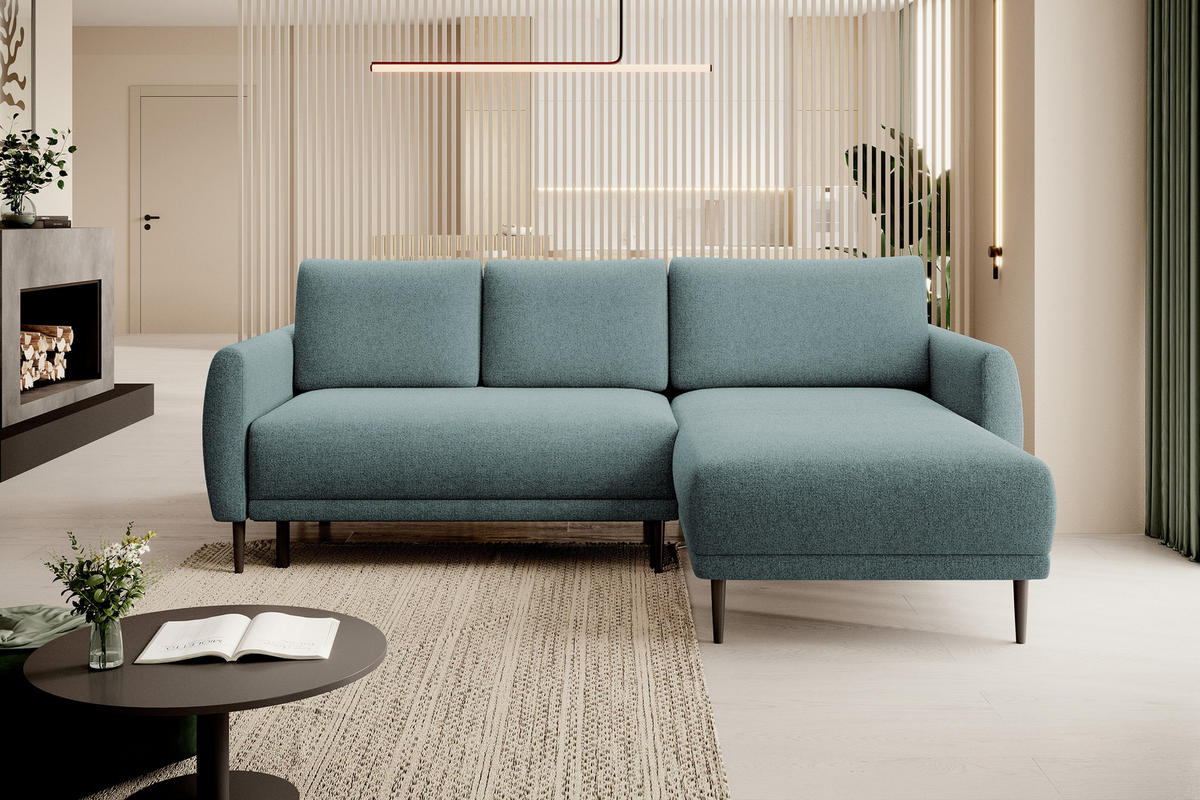 ECKSOFA Bono – Stilvolles Sofa mit Schlaffunktion, Robuste Holzfüße, Elegante Armlehnen, Tiefe Sitzfläche 226x164x88 cm – Rechte, Hellblau - Hellblau, Holz/Textil (226/164cm) - DomoHome