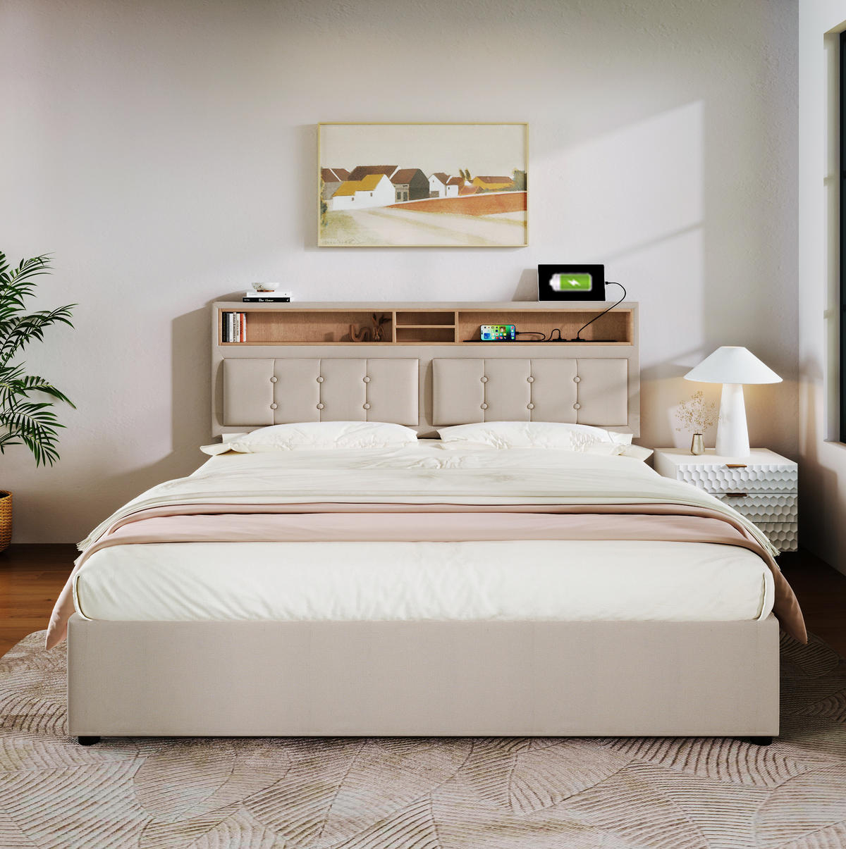 POLSTERBETT 160/200 cm Beige mit Stauraum und USB- und Type-C-Anschlüssen - Beige, Textil (160/200cm) - Flora Grace