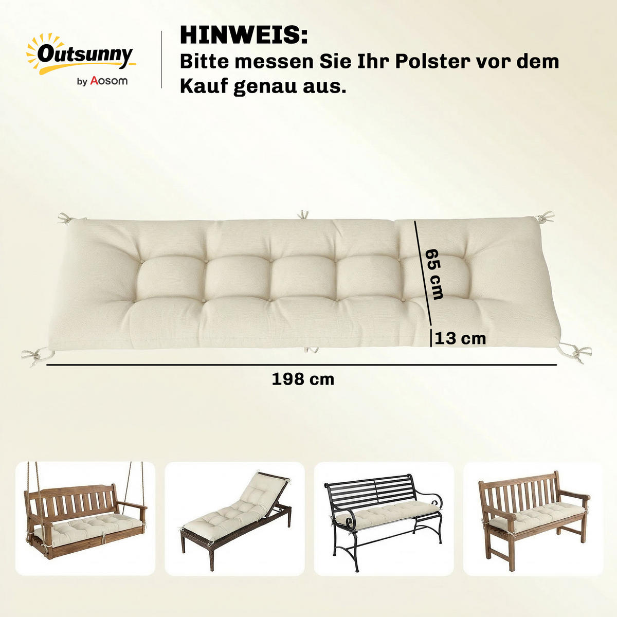 SEDACÍ POLŠTÁŘE z polyesteru a PP bavlny, béžové - béžová, textil (65/13/198cm) - Outsunny