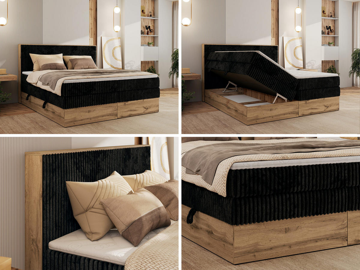 BOXBETT WOOD CLASSIC KING 200/200 - Schwarz Cord - H3 - Schwarz, Textil (200/200cm) - MKS