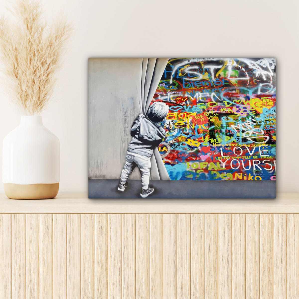 LEINWANDBILD Graffiti - Junge - Ilussie - Straßenkunst 40x30 cm - Hellgrau, Textil (40/30cm) - MuchoWow