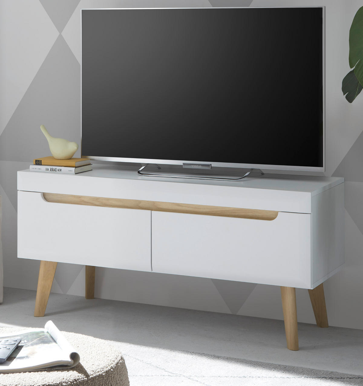 TV-LOWBOARD weiß matt, Eiche, skandinavisch 107 cm, TV-Unterteil mit Vollauszug - Eichefarben/Weiß, Holz/Holzwerkstoff (107/50/50cm) - Furn.Design