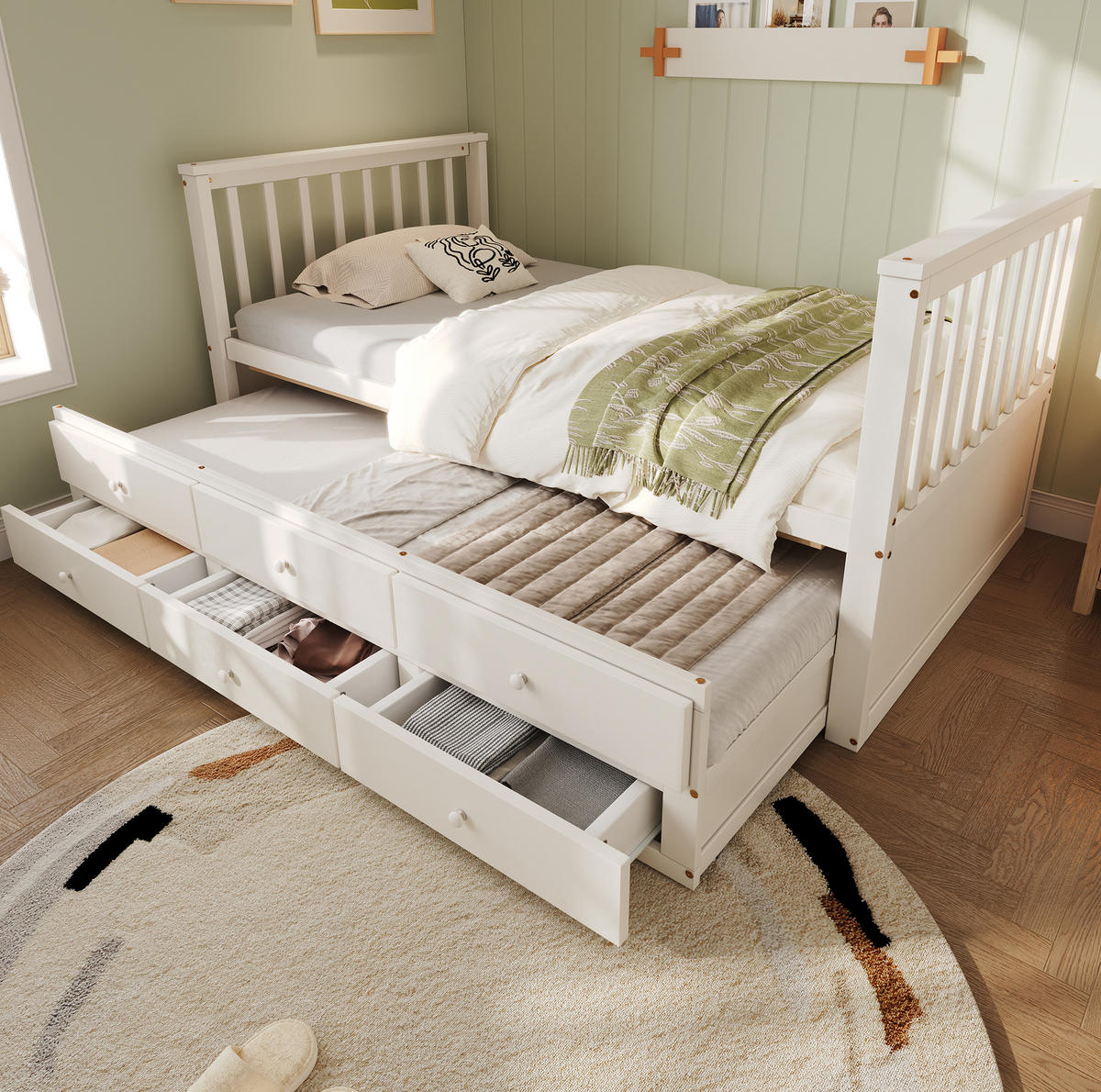 TAGESBETT 90/200 cm mit Ausziehbett, 3 Schubladen und rahmen, Weiß - Weiß, Holzwerkstoff (90/200cm) - Redom