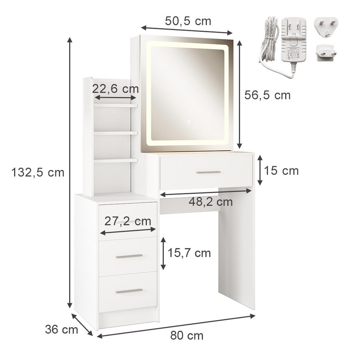 SCHMINKTISCH Lisca Weiß 80 cm mit LED-Spiegel - Weiß, Holzwerkstoff (80/131.6/36cm) - Vicco