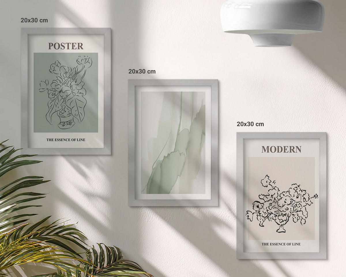 WANDBILDER 3er Set - 20x30 cm Silberner Rahmen - Blumen in einer modernen Vase - Silberfarben, Kunststoff (20/30cm) - ArtPrintCave
