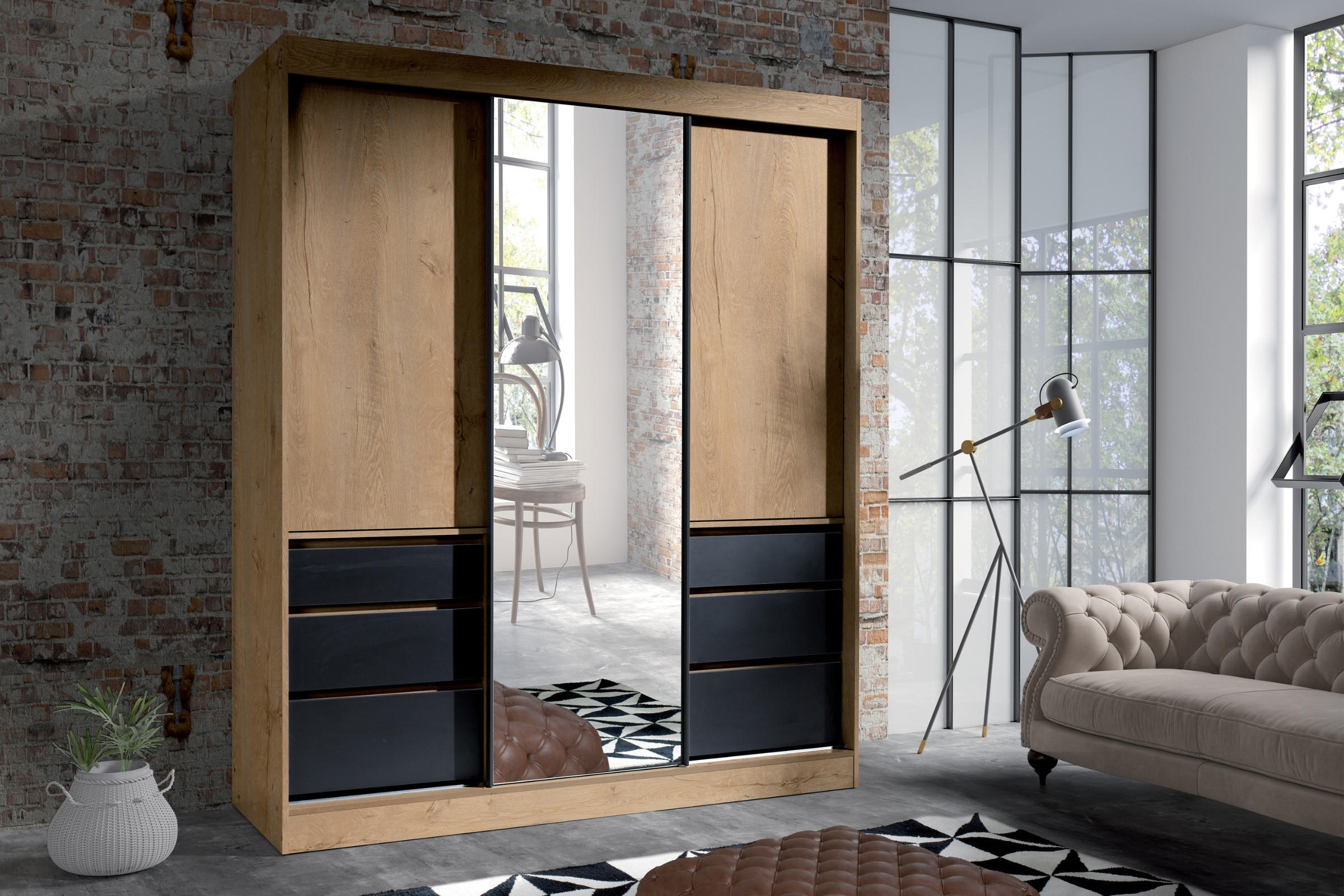 SCHWEBETÜRENSCHRANK HAITI 180/216 cm in Eiche Lefkas / Schwarz - Eichefarben/Schwarz, Holzwerkstoff (180/65/216cm) - Deine Möbel 24