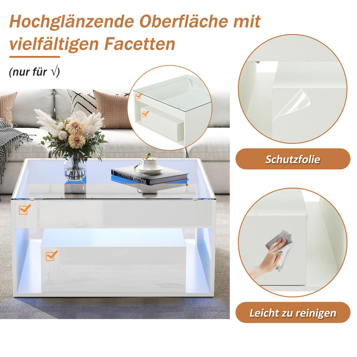 COUCHTISCH aus MDF und gehärtetem Glas 70x70x35 cm in Weiß mit LED & 2 Schubladen - Weiß, Holzwerkstoff (70/70/35cm) - Modfu