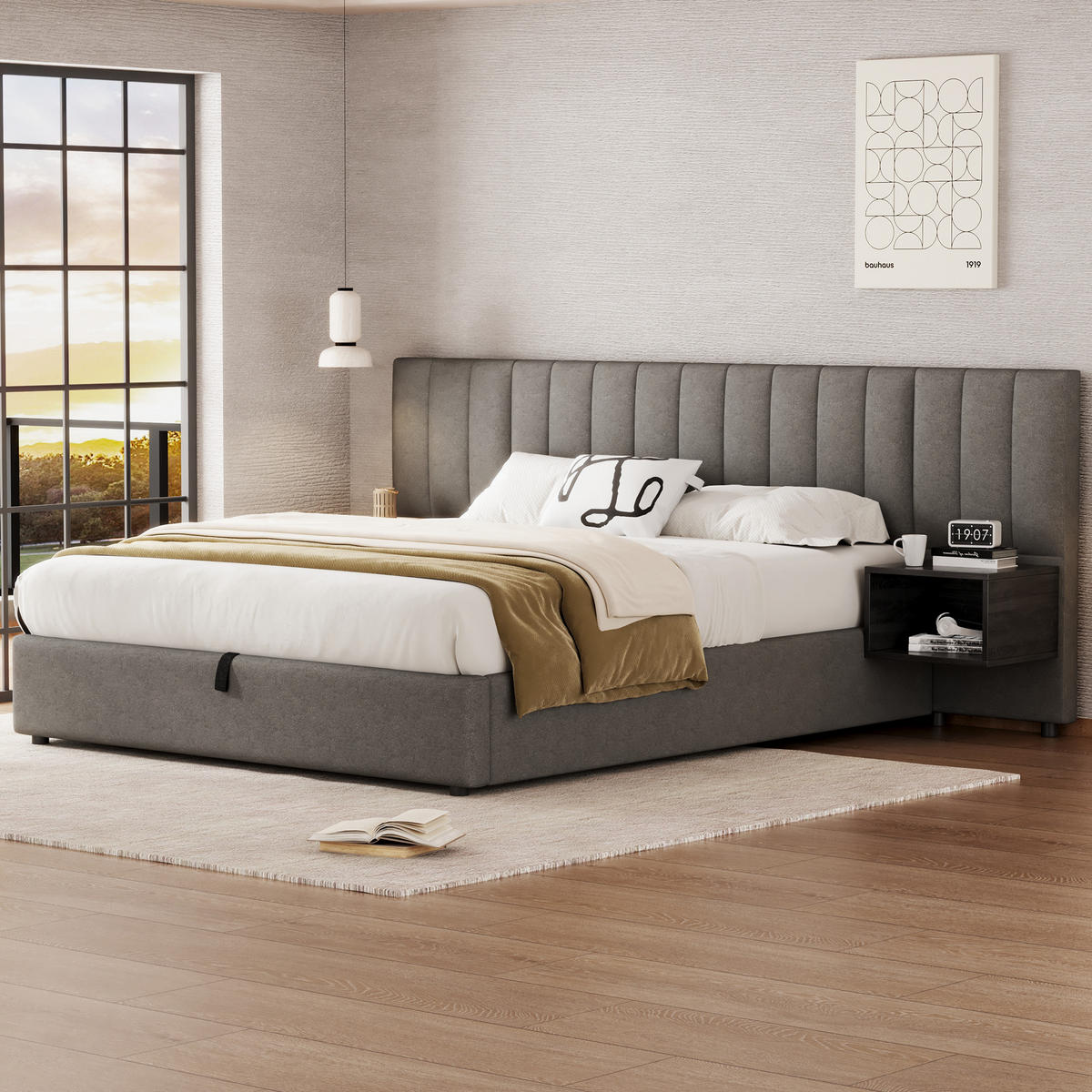 POLSTERBETT 160/200 cm grau aus Leinen mit Hydraulik-Stauraum und 2 Nachttischen - Grau, Textil (160/200cm) - OKWISH