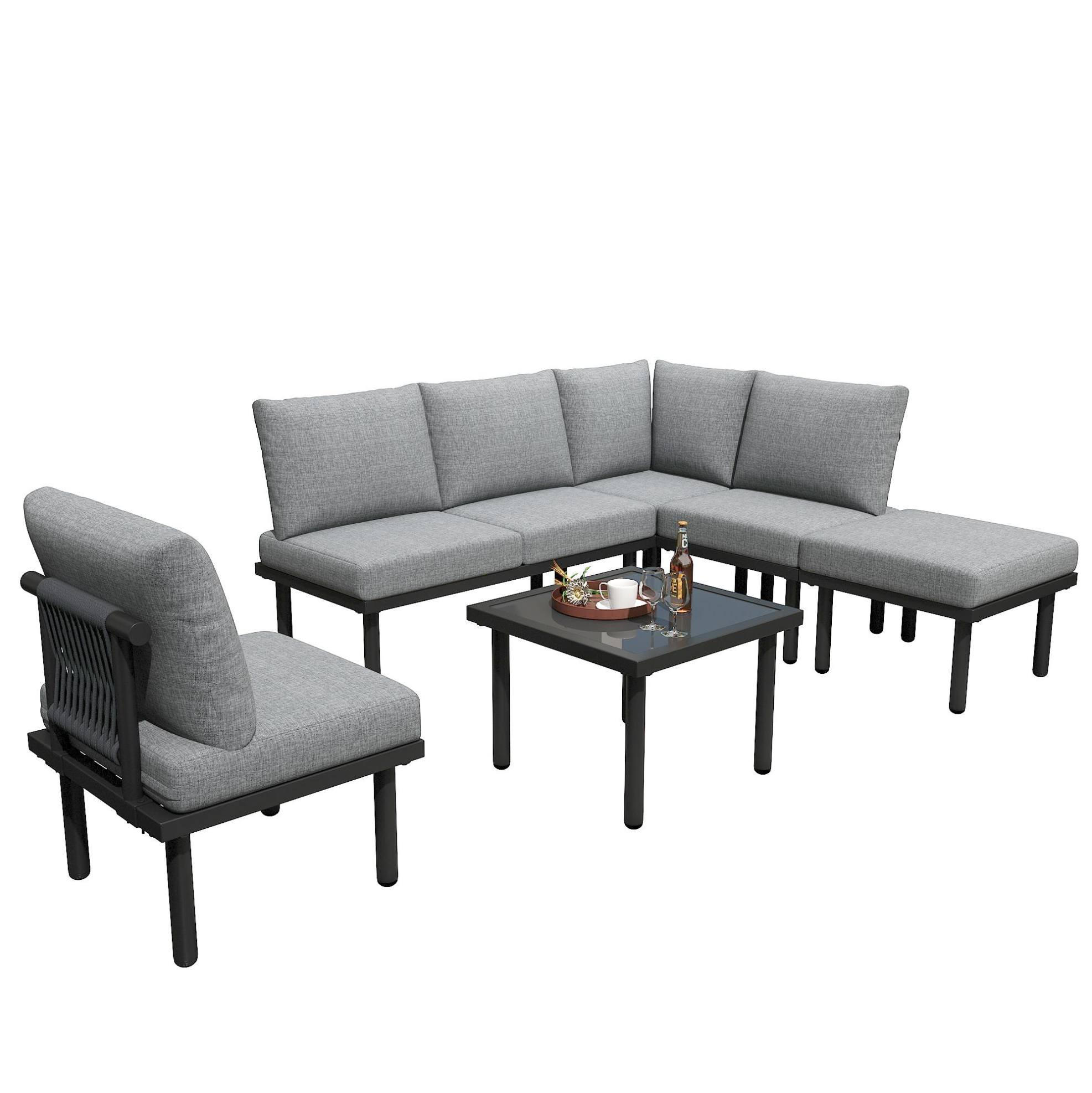 GARTEN-LOUNGE-SET 231/174/66 cm grau aus Olefin mit verzinktem Eisen und Glastischplatte - Grau, Metall - OKWISH