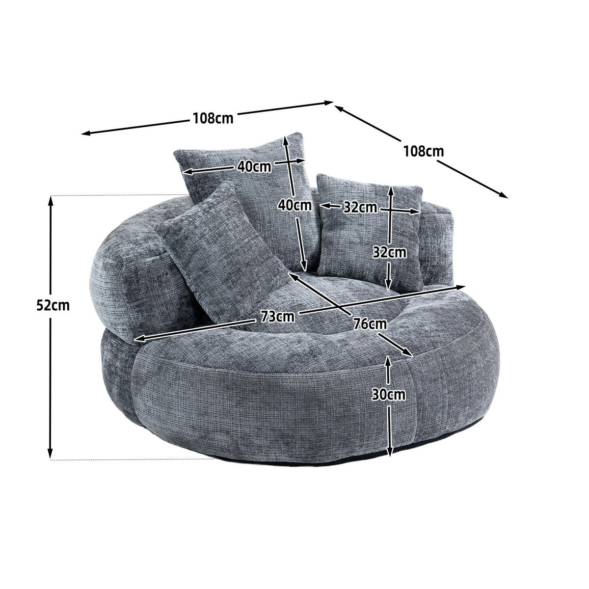 SITZSACK Chenille, Sofa mit 3 extra Kopfkissen,Grau - Grau, Textil (108/52/108cm) - LVHOM
