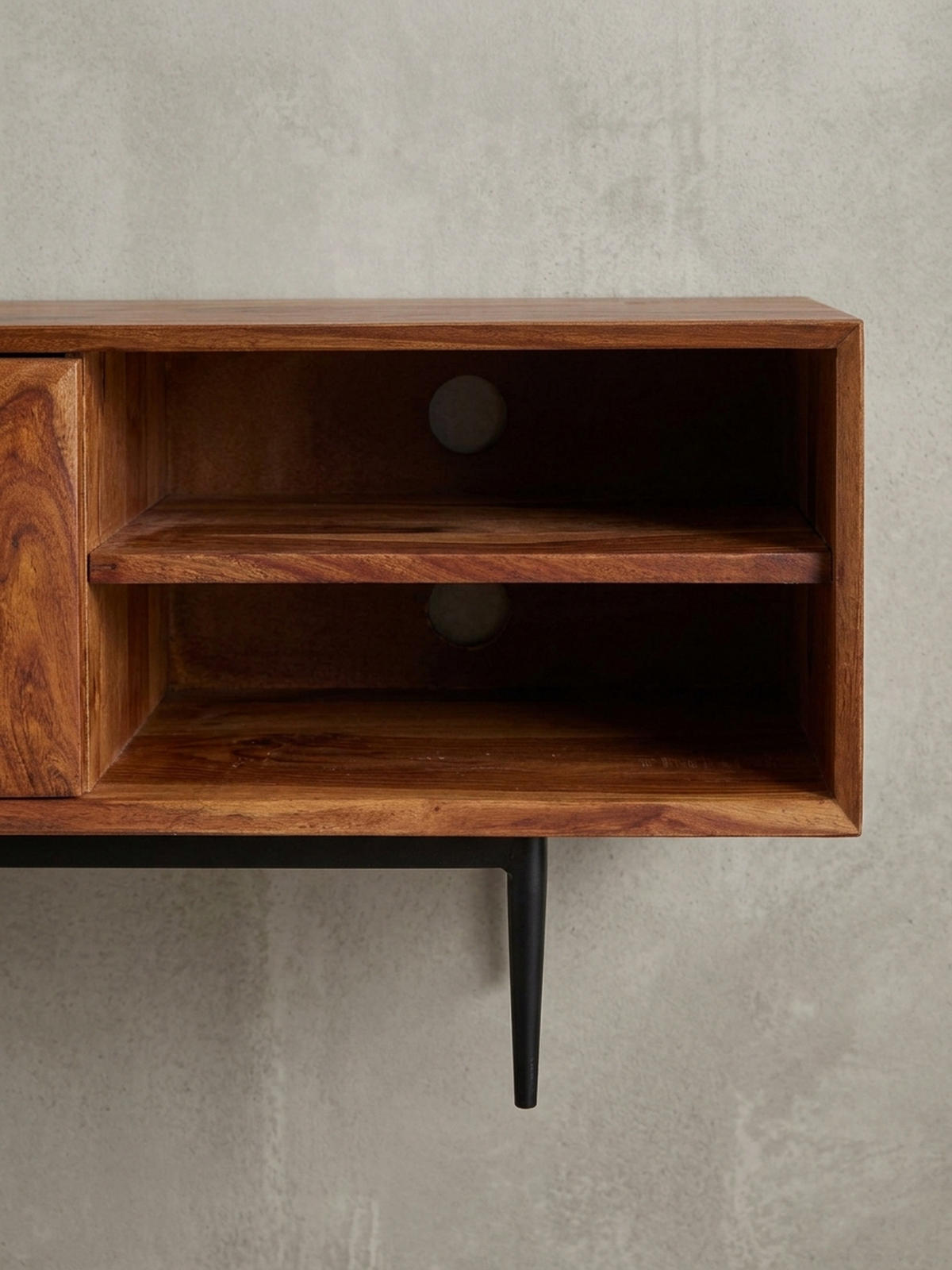 LOWBOARD Massivholz Modern Stil für 55-Zoll Fernseher Push-to-Open mit Edelstahlbeinen - Schwarz/Braun, Holz/Metall (123/42/35cm) - KADIMA DESIGN