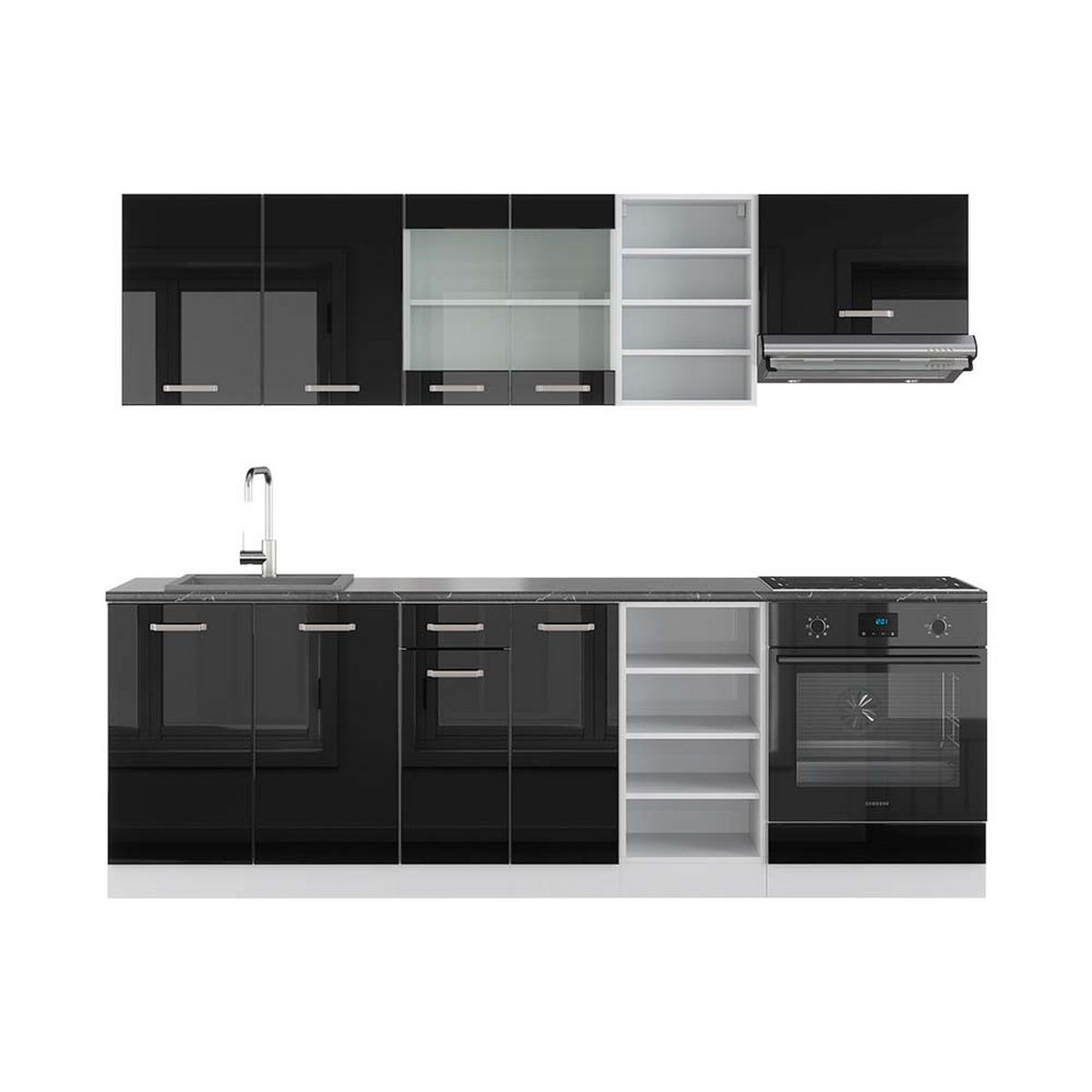 KÜCHENZEILE R-Line Schwarz Hochglanz/Weiß 240 cm, AP Anthrazit - Schwarz Hochglanz/Weiß, Holzwerkstoff (240/81.6/60cm) - Vicco