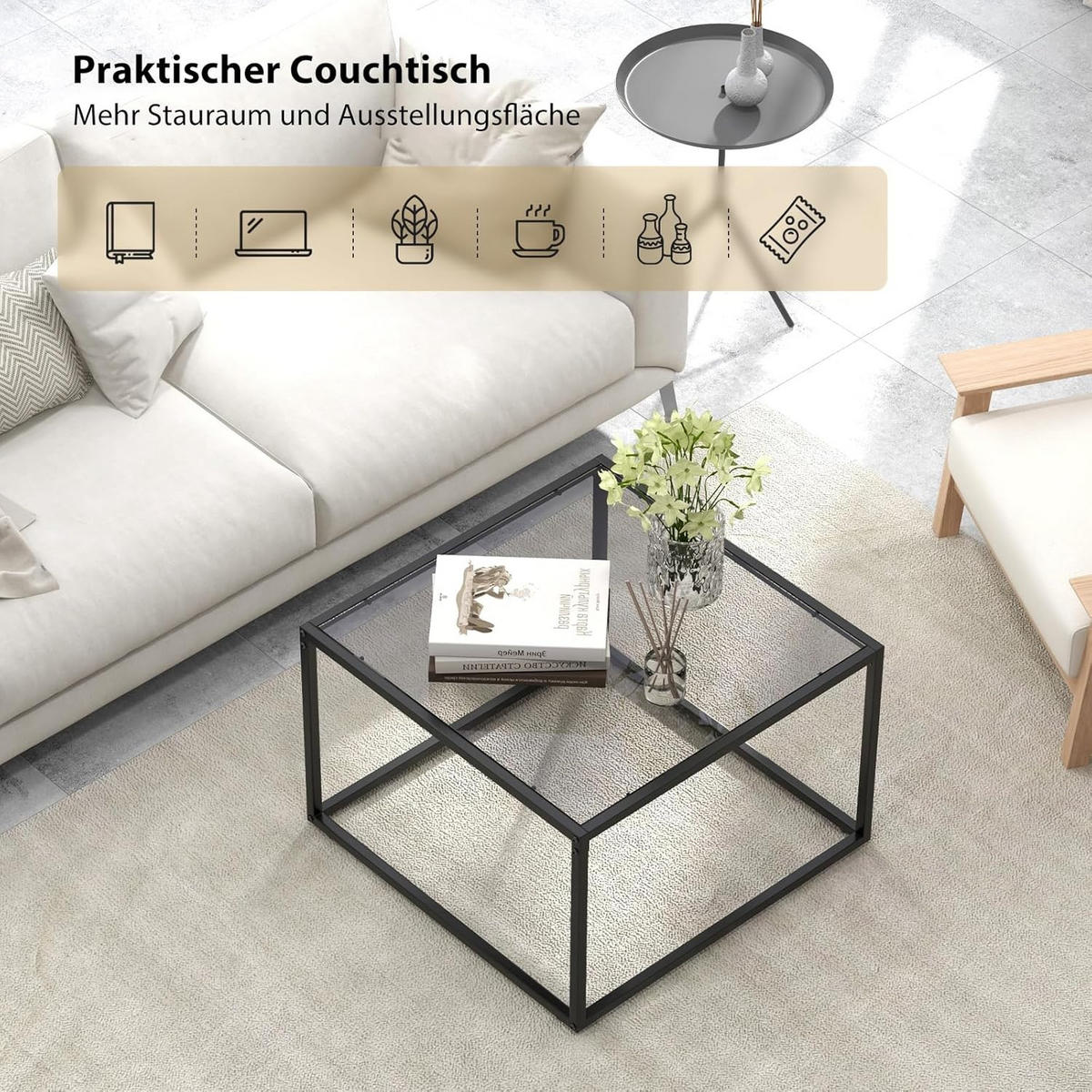 COUCHTISCH Glas Grau - Grau, Glas (70/70/45cm) - COSTWAY