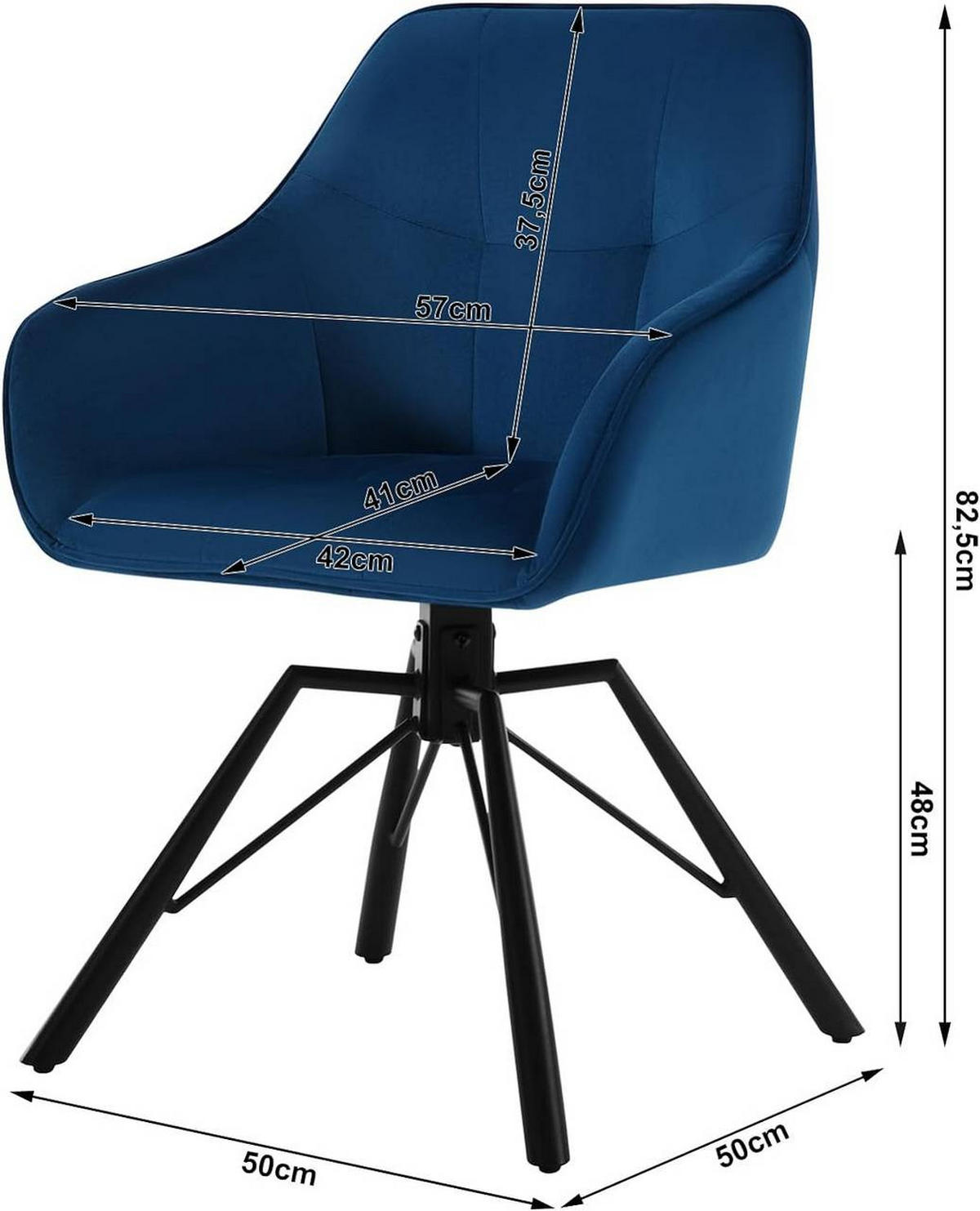 ARMLEHNSTUHL 6er Set, drehbar mit Samtbezug, Blau - Blau/Schwarz, Textil/Metall (57/82.5/54cm) - Woltu