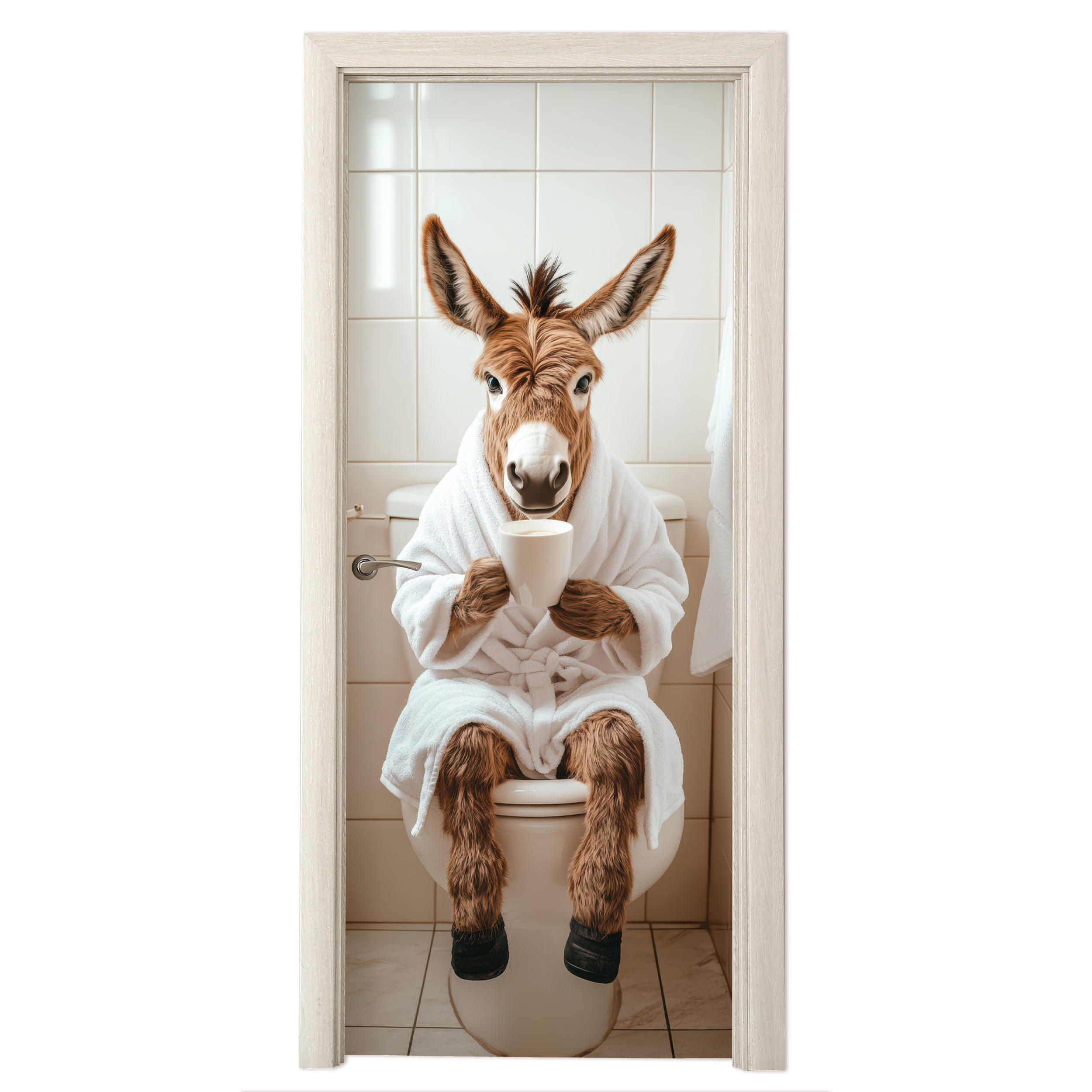 TÜRAUFKLEBER Esel - WC - Lustig - Bademantel - Tier 90x215 cm - Türtapete - Beige, Kunststoff (90/0.1cm) - MuchoWow