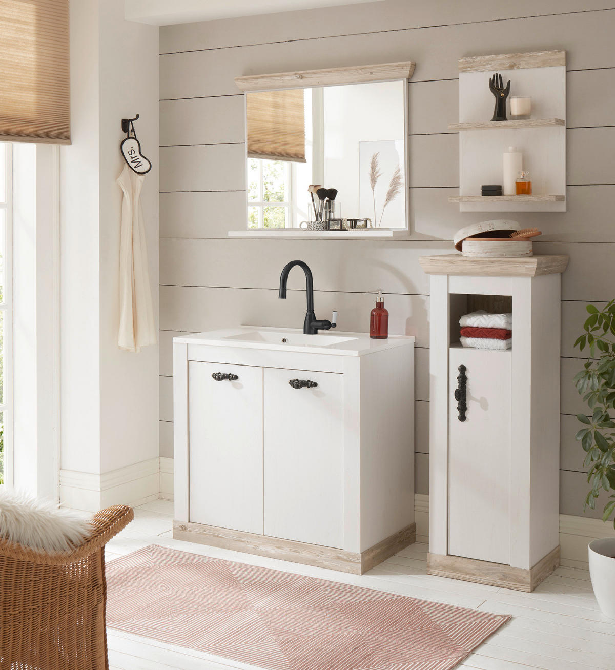 BADKOMBINATION Pinie weiß, Oslo Pinie, Landhaus Badmöbel Set 5-tlg. MIT Waschbecken 143 x 200 cm - Dunkelgrau/Weiß, Holzwerkstoff/Metall (143/200/46cm) - Furn.Design