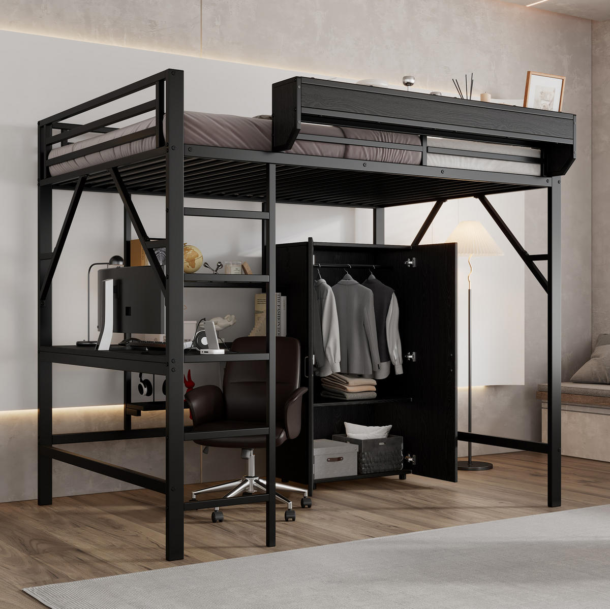 VYSOKÁ postel 140/200 cm černá s psacím stolem úložným prostorem a skříní z kovu a MDF - černá, kompozitní dřevo (140/200cm) - OKWISH
