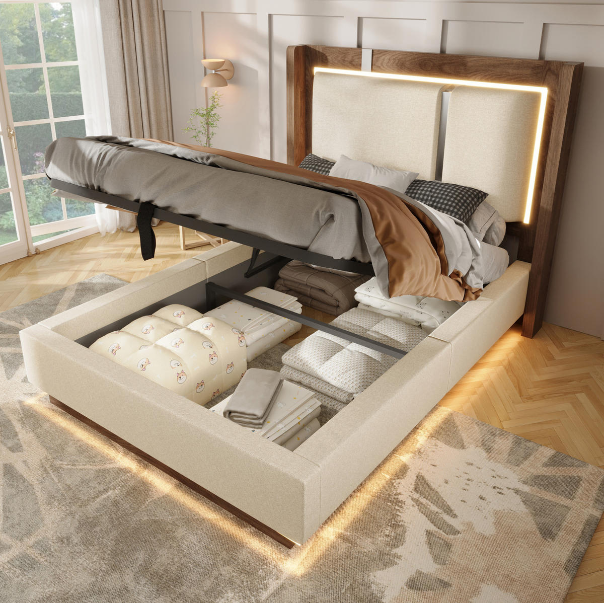 POLSTERBETT 90/200 cm aus Leinen und Holz mit LED und Bettkasten Beige - Beige, Textil (90/200cm) - Modenvie