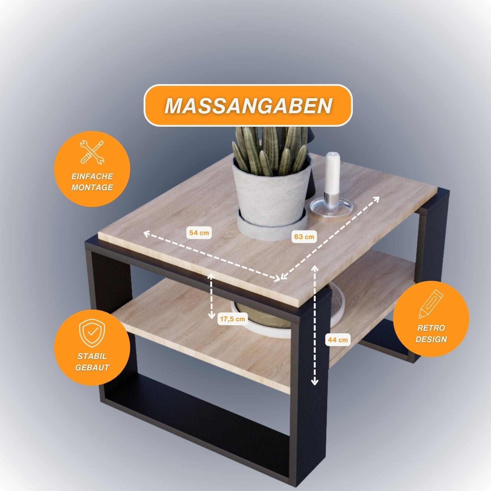 COUCHTISCH Holzwerkstoff rechteckig stabil Sonoma Eiche 44/54/63cm - Schwarz/Sonoma Eiche, Holzwerkstoff (54/63/44cm) - CraftPAK