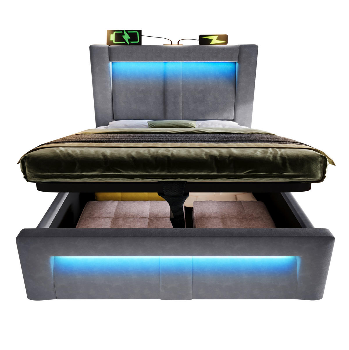 ČALOUNĚNÁ postel 90/200 cm sametové šedé, s úložným prostorem, LED a USB - šedá, textil (90/200cm) - BEAOK