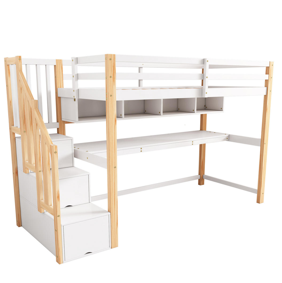 HOCHBETT 90/200 cm aus Massivholz mit Schreibtisch und Stauraumtreppe Weiß/Eichefarben - Weiß, Holz (90/200cm) - Modenvie