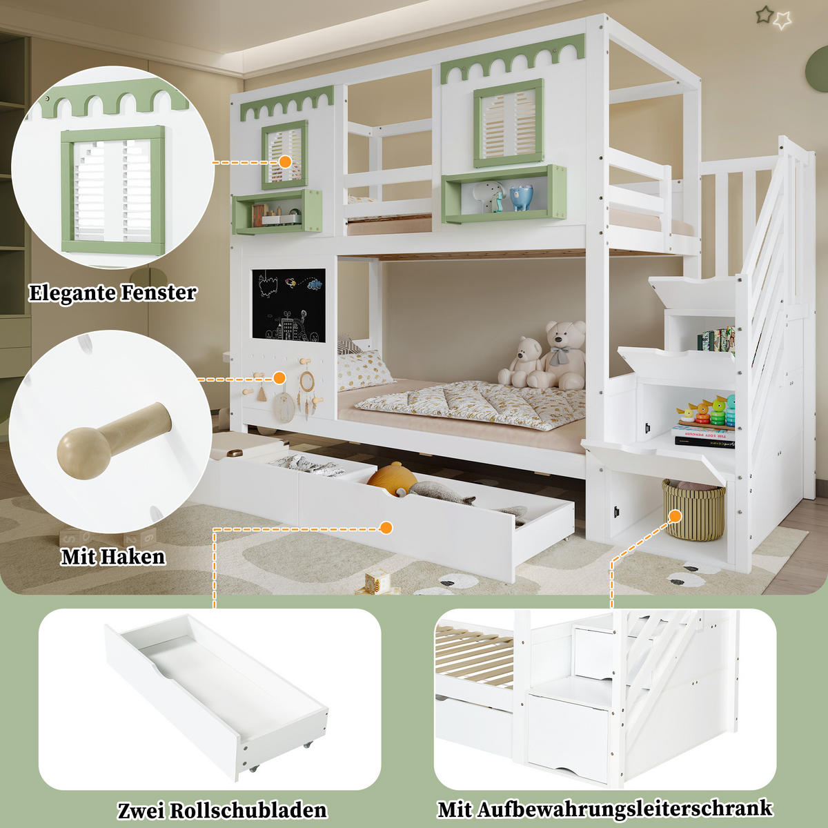 ETAGENBETT Mit kleinem Lochbrett-Bereich Weiß+Grün - Weiß, Holz (90/200cm) - ComfortXL