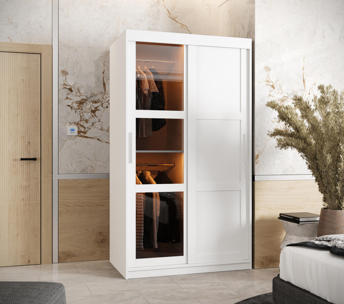 SCHWEBETÜRENSCHRANK 200/100/62 2-türig - Silberfarben/Weiß, Holz/Kunststoff (100/200/62cm) - Abiks Möbel