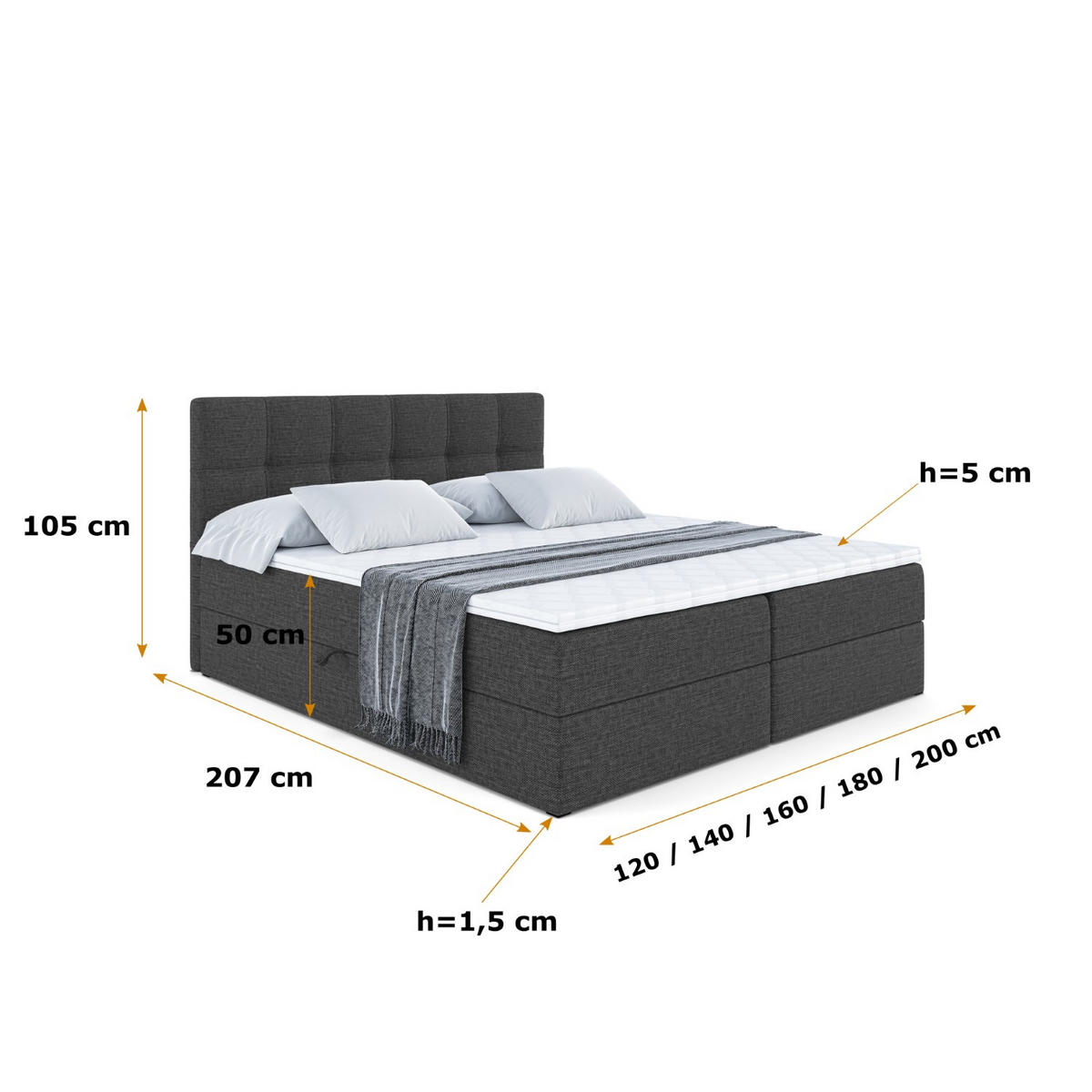 BOXBETT mit Matratze H3 und Lattenrost - MARCE - 140x200 Dunkelgrau - Dunkelgrau, Holzwerkstoff (140/200cm) - ALTDECOR