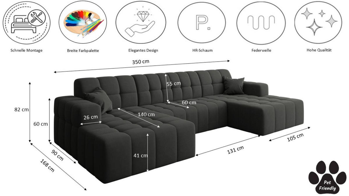 ECKSOFA U-Form Nimes Stoff Portland Schwarz - Schwarz, Holz/Textil (168/350cm) - Kaiser Möbel