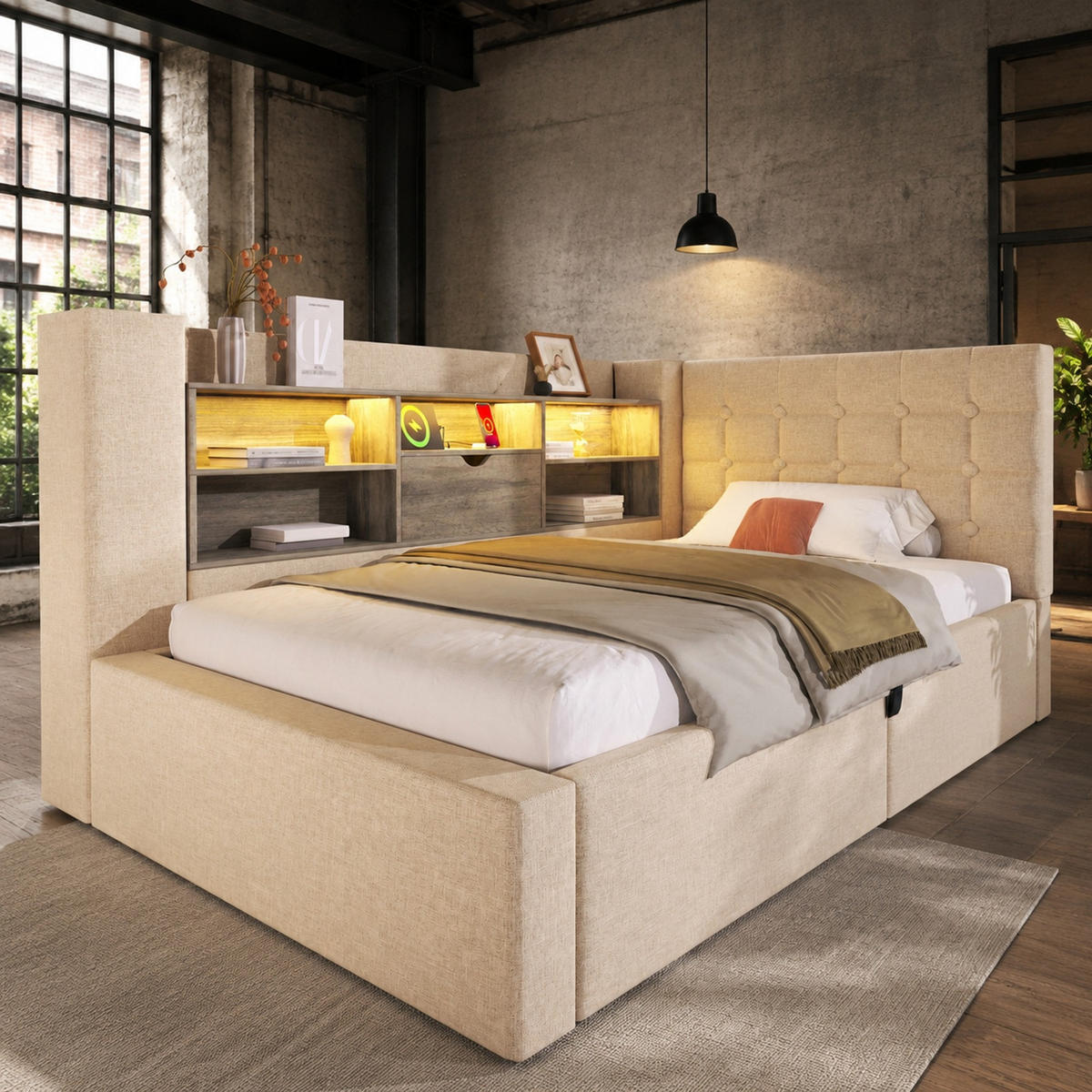 POLSTERBETT 90/190 mit LED, hydraulischem Stauraum und USB in Beige - Beige, Holzwerkstoff/Textil (90/190cm) - EVRYAE