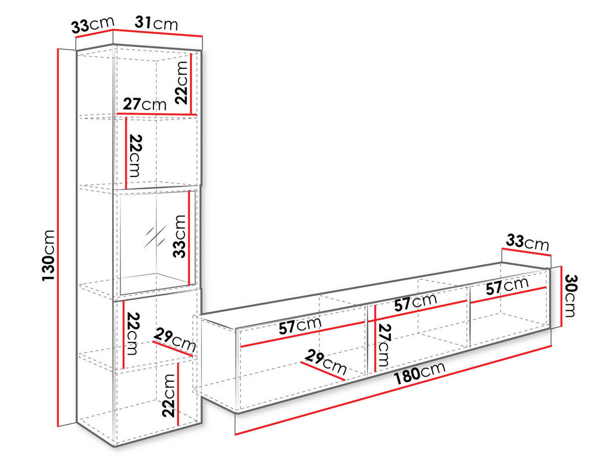 WOHNWAND Berlin I mit weißer LED Beleuchtung - Eiche Wotan/Alufarben, Holzwerkstoff/Kunststoff (180/30/33cm) - MIRJAN24