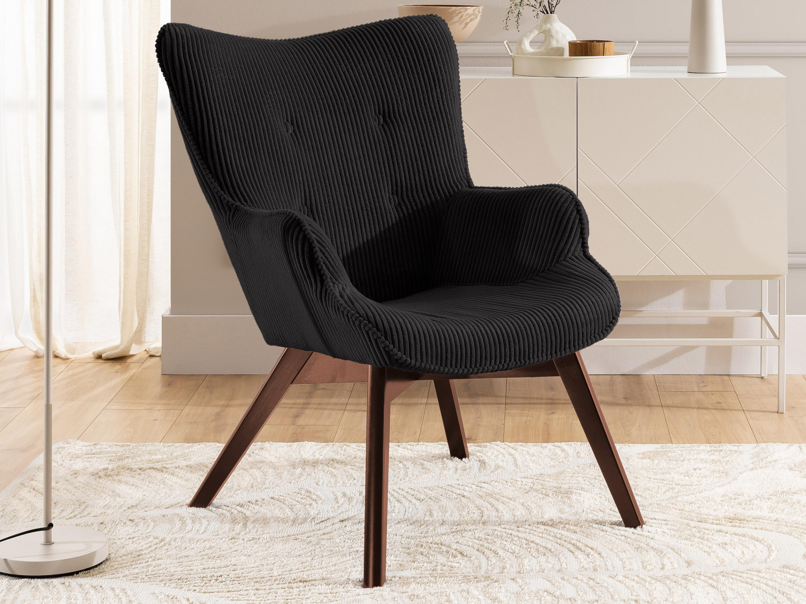 LOUNGESESSEL Lenari Schwarz Cordstoff mit Füßen in Braun - Schwarz/Braun, Holz/Textil (71/96/86cm) - S-Style Möbel
