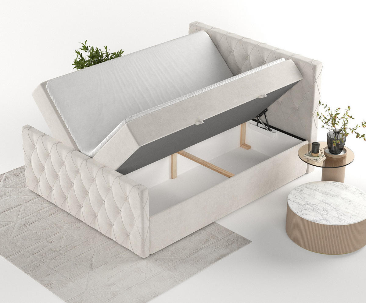 BOXBETT Signature Hellbeige 200/200 cm im Samtstoff - Hellgrau/Schwarz, Holz/Holzwerkstoff (200/200cm) - Maison de Reve