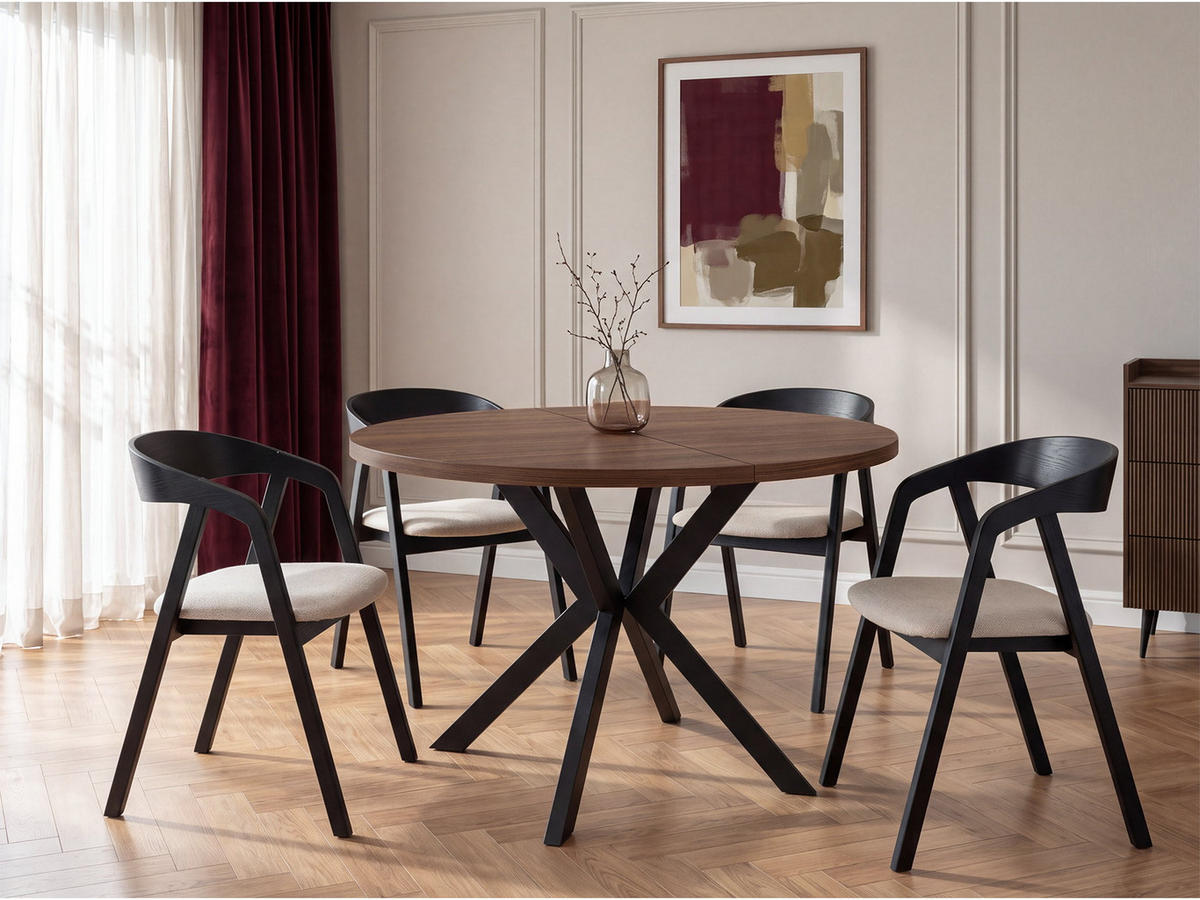 ESSTISCH Valeo runder ausziehbarer, Walnuss Braun 100-180/100/76 cm - Walnussfarben/Schwarz, Holzwerkstoff/Metall (100/180/76cm) - WFL GROUP