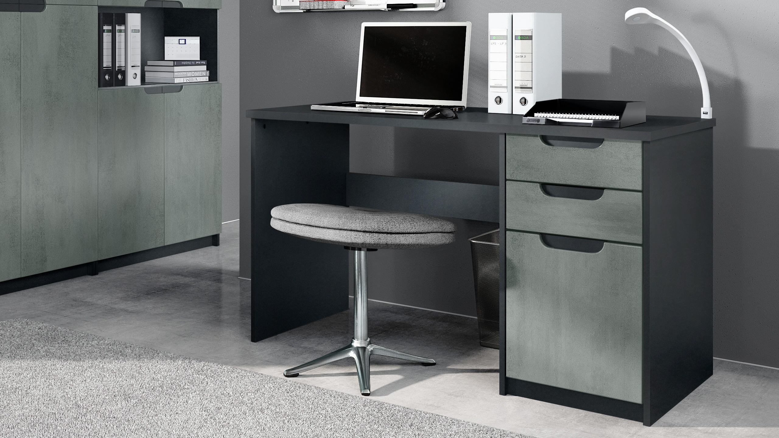 SCHREIBTISCH Logan Fronten in Beton Dunkel Optik - Dunkelgrau, Holzwerkstoff (60/129/76cm) - Vladon