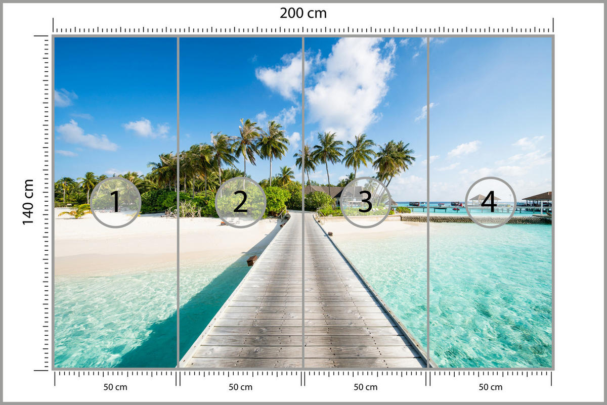 FOTOTAPETA Pre Spálňu Tropický Ostrov Mólo Palmy Rastliny 200 x 140 cm - modrá/žltá, papier (200/140cm) - Muralo