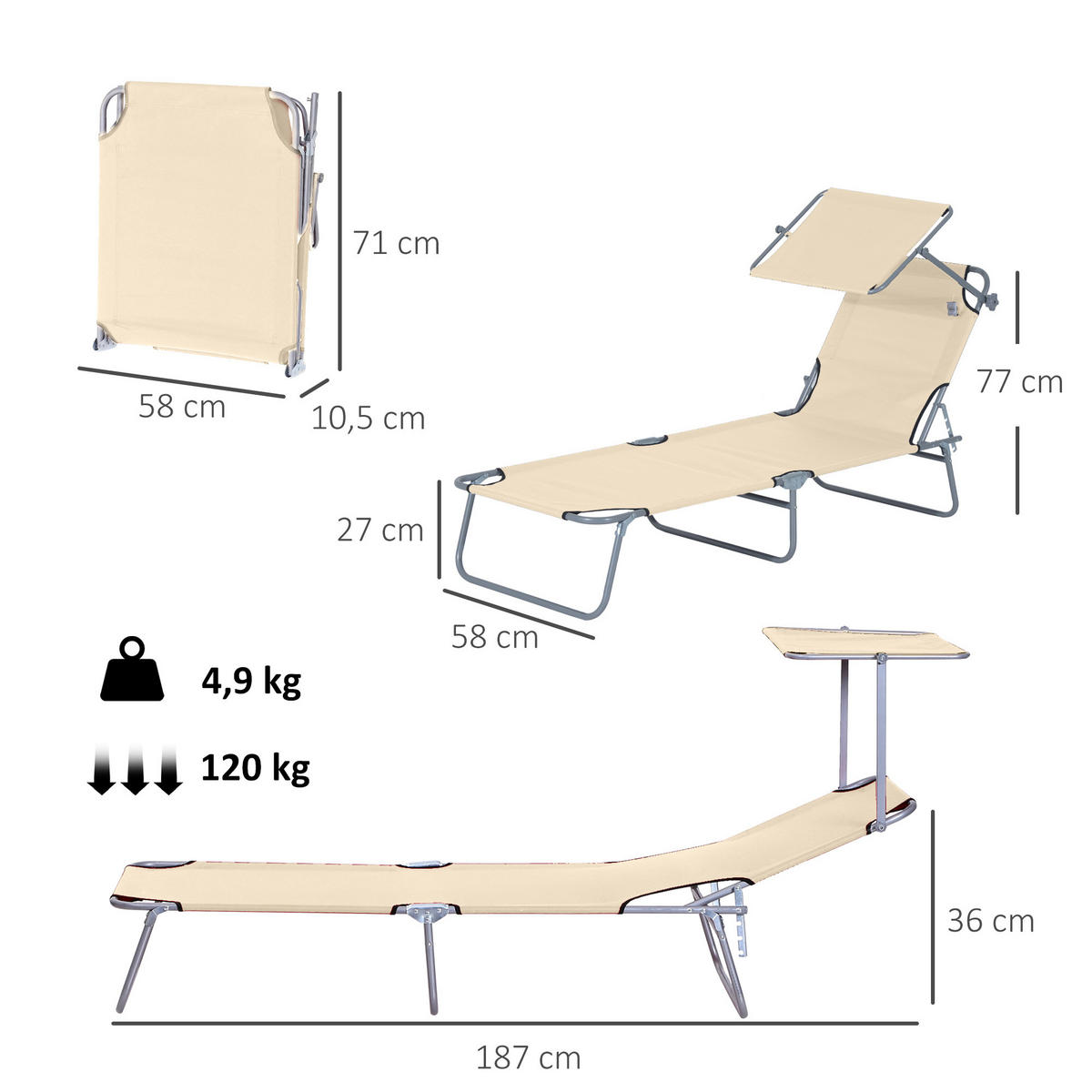 KLAPPBARE Sonnenliege mit Sonnendach und 4-fach verstellbarer Rückenlehne, wetterfeste Campingliege bis 120 kg, Beige - Beige, Metall (187/36/58cm)
