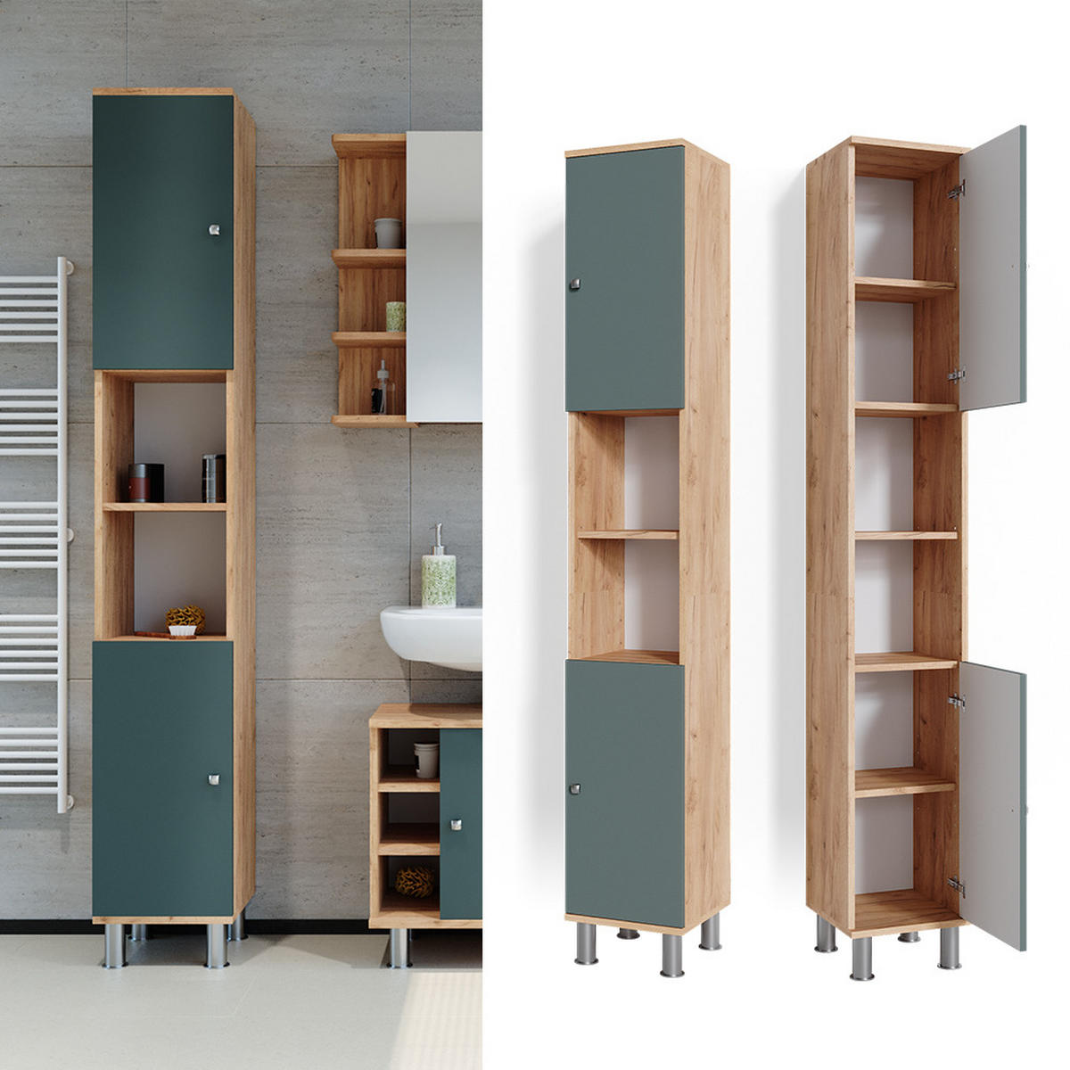 KOUPELNOVÁ SKŘÍŇKA Fynn Zlatý mocný dub - zelená barva, kompozitní dřevo (30/190/30cm) - Vicco