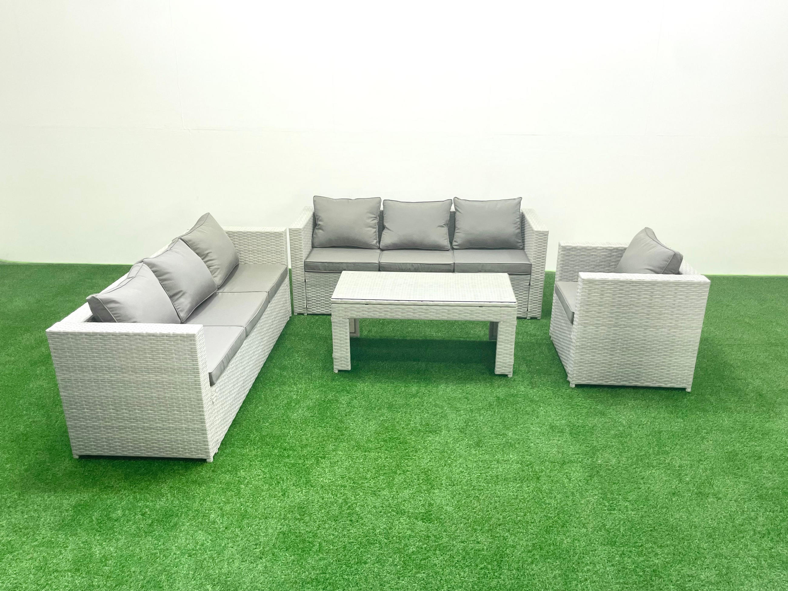 GARTENSOFA hohe Rückenlehne Polyrattan Hellgrau-Mix 7-Sitzer - Hellgrau/Grau, Glas/Kunststoff - Fimous