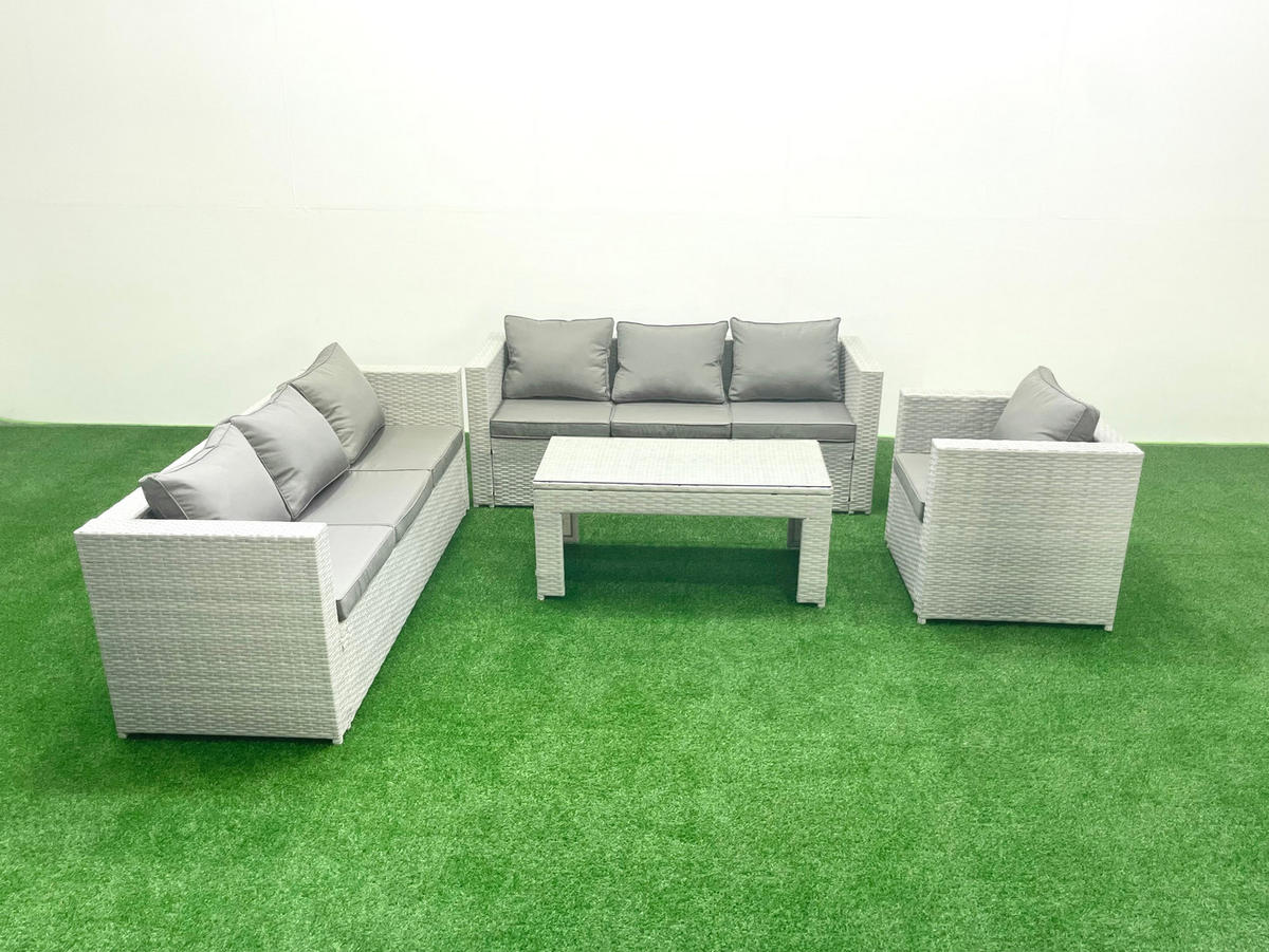 GARTENSOFA hohe Rückenlehne Polyrattan Hellgrau-Mix 7-Sitzer - Hellgrau/Grau, Glas/Kunststoff - Fimous