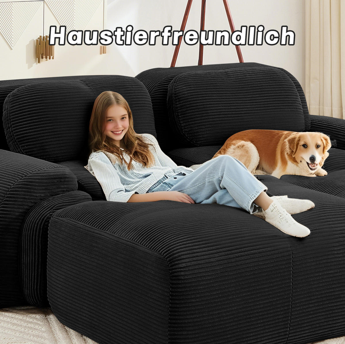SOFA in Schwarz aus Cord mit geschwungenen Armlehnen und rutschfester Unterseite - Schwarz, Textil (103/70/208cm) - Flora Grace