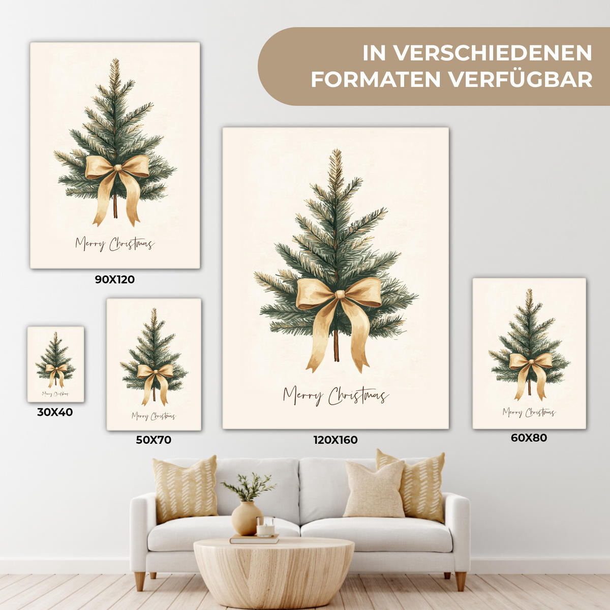 LEINWANDBILD Weihnachtsbaum - Weihnachten - Frohe Weihnachten - Beige 60x80 cm - Sandfarben, Textil (60/80cm) - MuchoWow