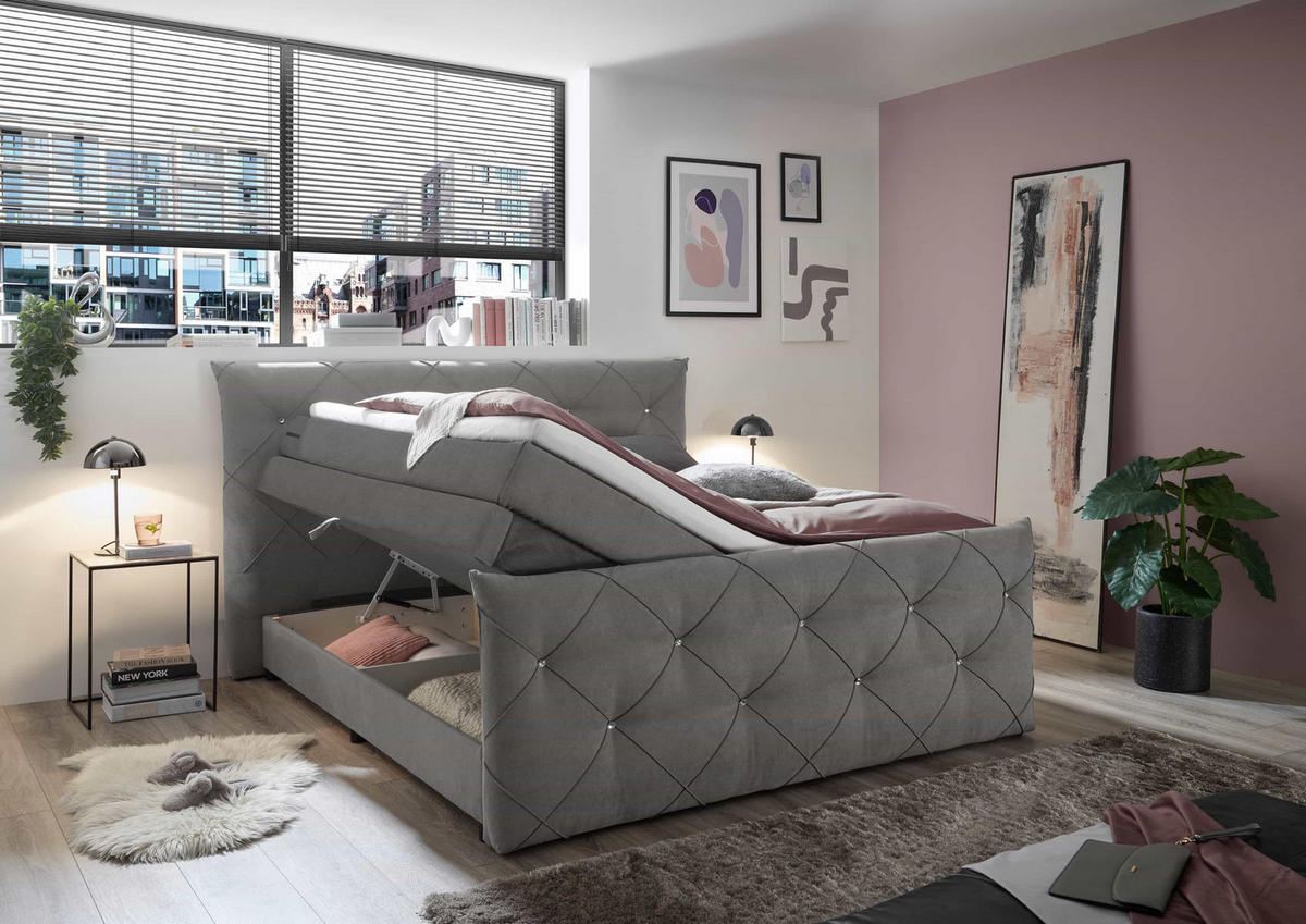 BOXSPRINGBETT 180 x 200 – Bonell-Box, 7-Zonen-Taschenfederkern & 6 cm Gel-Topper - Dunkelgrau/Beige, Textil (180/200cm) - ed exciting design