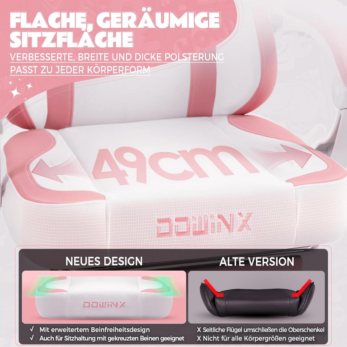 GAMING-STUHL Ergonomischer & Fußstütze Bürostuhl & Lendenwirbelstütze - Rosa, Leder (52/126/49cm)