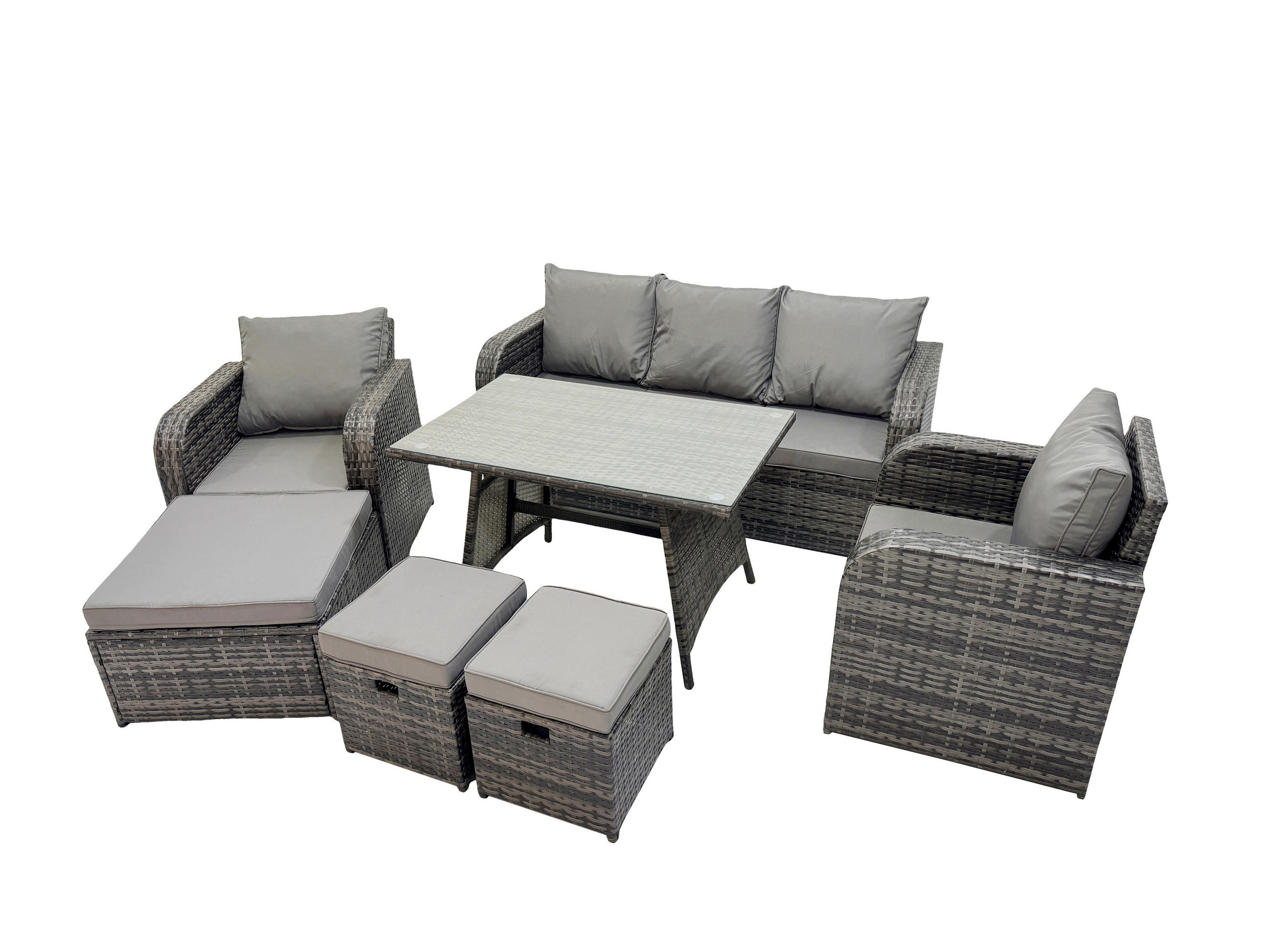 GARTENMÖBEL SET mit COUCHTISCH Polyrattan Dunkelgrau 8-Sitzer - Dunkelgrau/Grau, Glas/Kunststoff - Fimous