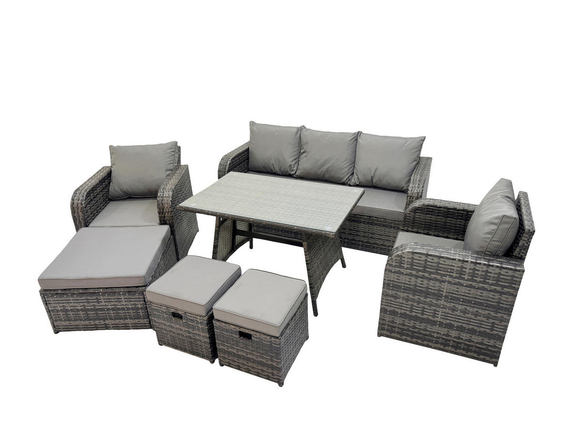 GARTENMÖBEL SET mit COUCHTISCH Polyrattan Dunkelgrau 8-Sitzer - Dunkelgrau/Grau, Glas/Kunststoff - Fimous