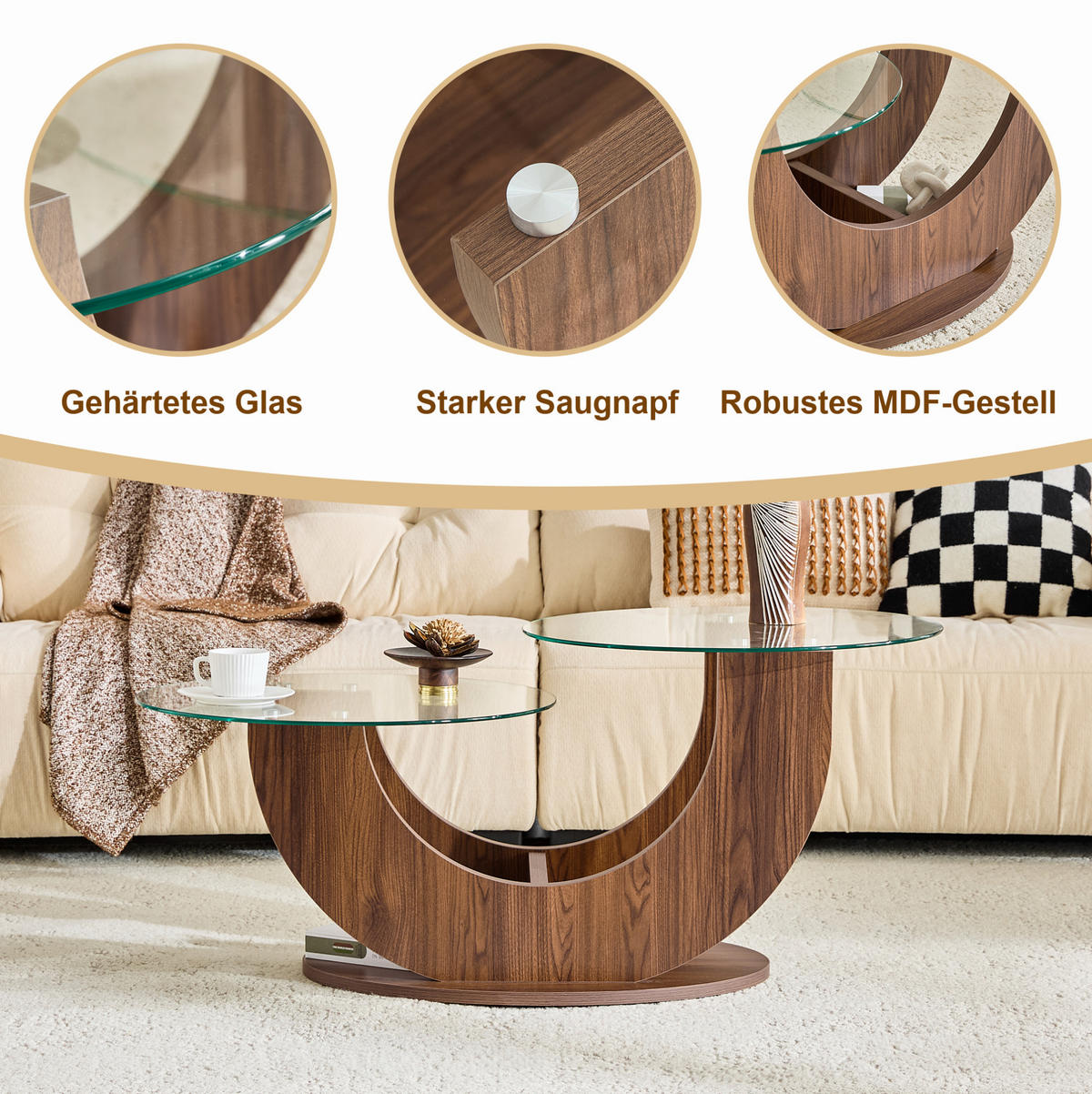 RUNDER Couchtisch 80,8/66,8/49,8 cm mit 2 Glasplatten und offenem Stauraum, Transparent/Walnuss - Transparent, Holzwerkstoff (80.8/66.8/49.8cm) - Redom
